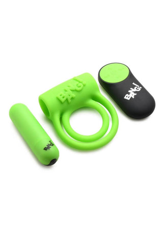 Bang! 28x Glow In The Dark Rechargeable Silicone Cock Ring with Remote - Green