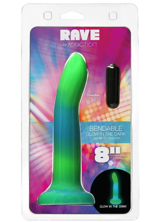 Addiction Rave Silicone Glow In The Dark Dildo - Blue/Glow In The Dark/Green - 8in