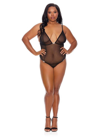 Barely Bare Crotchless Mesh Teddy - Black - Plus Size/Queen