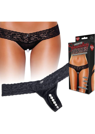 Hustler Toys Crotchless Stimulating Panties Thong with Pearl Pleasure Beads - Black - Large/Medium