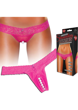 Hustler Toys Crotchless Stimulating Panties Thong with Pearl Pleasure Beads - Pink - Large/Medium