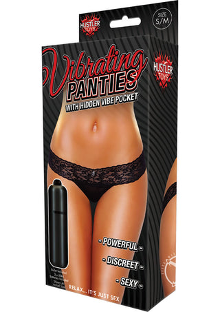 Hustler Toys Vibrating Panties Panty Vibe Lace Thong with Hidden Vibe Pocket - Black - Medium/Small