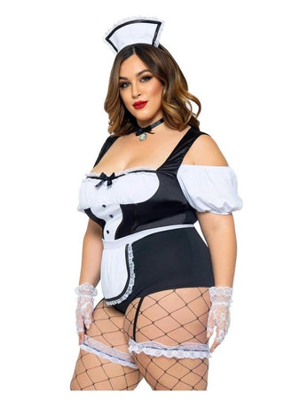 Leg Avenue Foxy Frenchie Garter Bodysuit with Attached Apron, Choker, and Hat Headband - Black/White - Queen/XLarge/XXLarge - 3 Piece