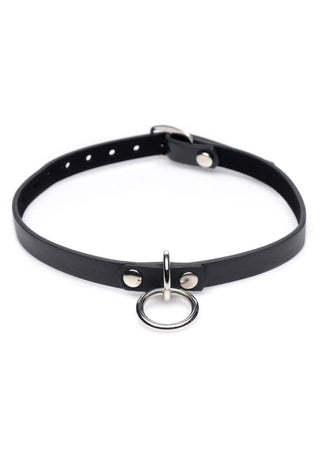 Master Series Collared Vixen Silver Ring Leather Slim Choker - Black