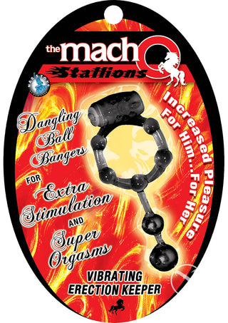 The Macho Stallions Vibrating Erection Keeper Cock Ring with Dangling Ball Bangers - Black